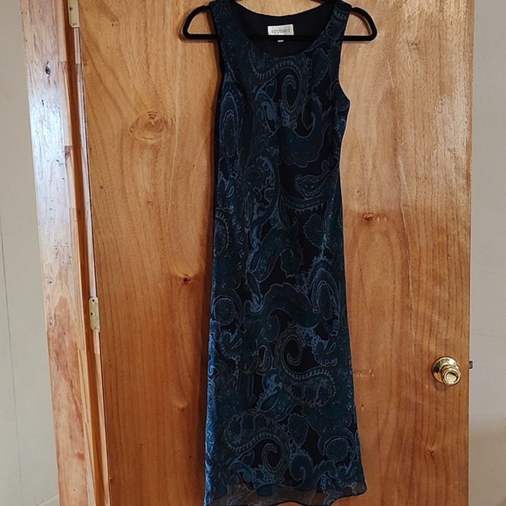 Vintage Studio 1 Y2K Bias Cut Tank Dress Navy Teal Paisley Crepe Ethereal Size 8